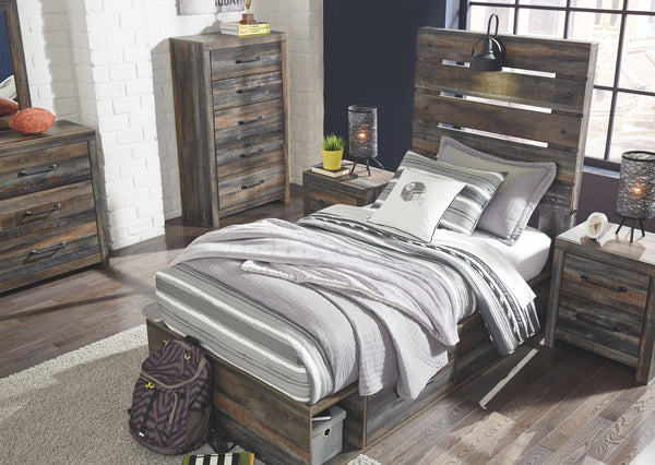 Burnt orange and teal colors accent a brown rustic finish in a replicated woodgrain with authentic touch. Large scaled dark colored handles. Cases feature a framed front and pilasters. All panel headboards (53,57,58,87) feature decorative matte black scon