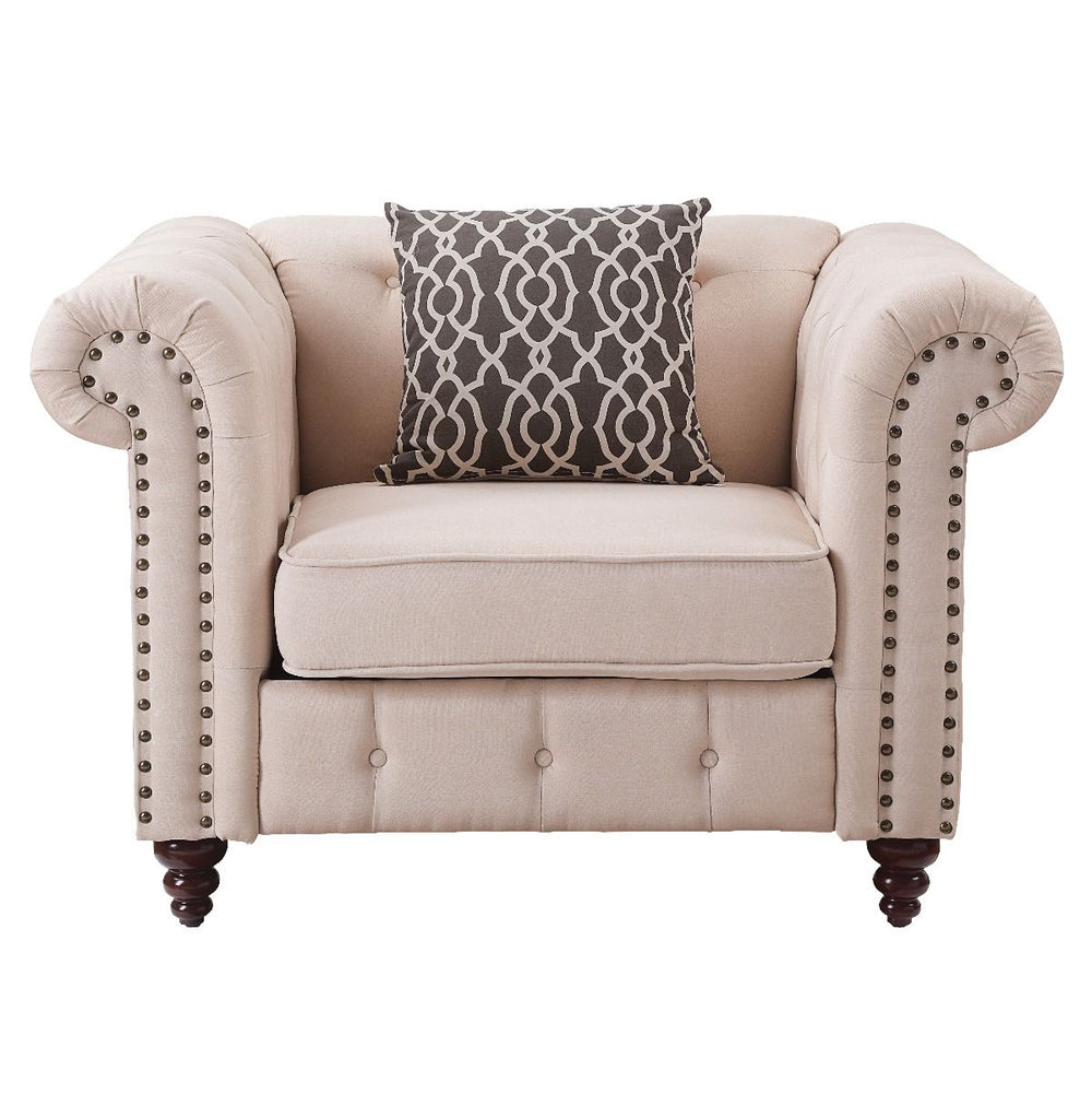 Aurelia sofa collection upholstered in gray & beige color linen fabric. Comfort and style define this sofa collection. This sofa and loveseat are detailed with classic details like deep button tufts and plush, sheltering arms. Adorned with button tufting 