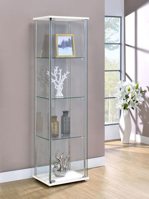  this white curio cabinet helps to open up space. Sleek and tall