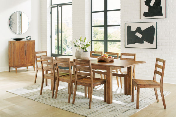 Urban Contemporary design. Made with solid Shesham wood, veneer and MDF substrate. Finished in a clear natural wood tone to enhance the rich natural beauty of the wood. Rectangle extension table features a self-storing butterfly leaf. A well appointed bar
