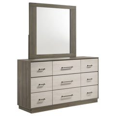 Elevate your bedroom decor with this sophisticated dresser and mirror set, blending contemporary style with functional design. The nine-drawer dresser offers ample storage, featuring a hidden jewelry drawer for added convenience, and is adorned with antiq