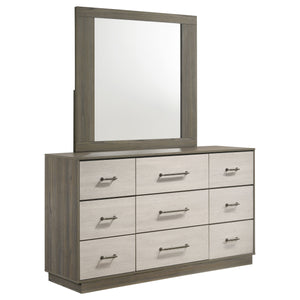 Elevate your bedroom decor with this sophisticated dresser and mirror set, blending contemporary style with functional design. The nine-drawer dresser offers ample storage, featuring a hidden jewelry drawer for added convenience, and is adorned with antiq
