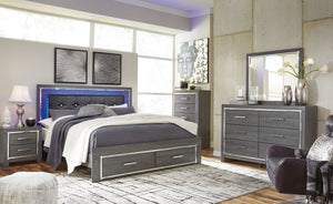Modern gray finish with replicated wood grain. Cases and bed are accented with faceted chrome details. Large scaled chrome handle with faceted details. Headboards are accented with LED lighting and include a remote for color and brightness options. Includ