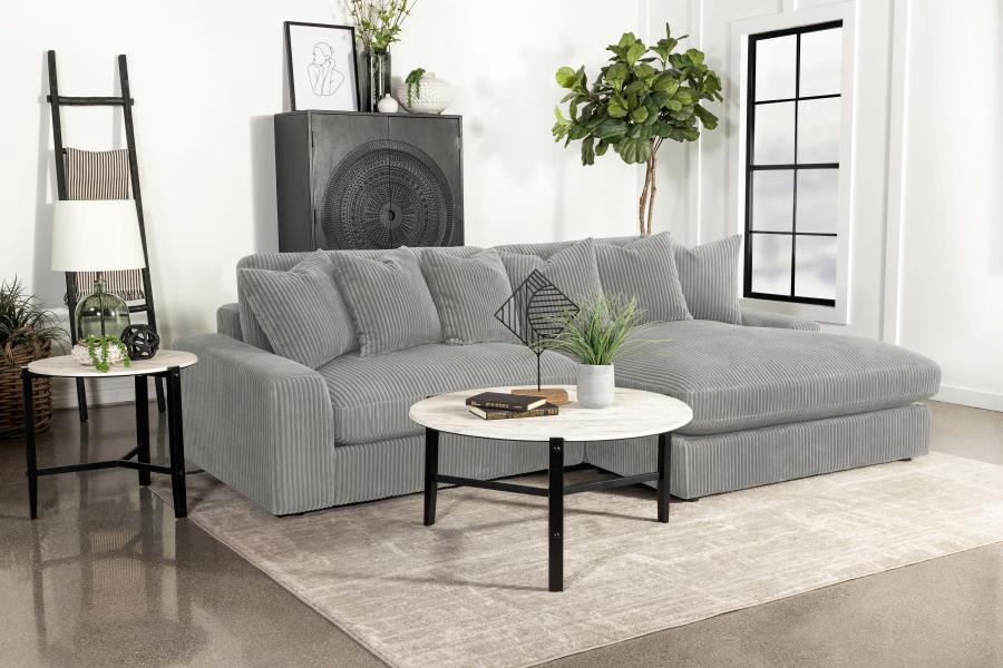 Add a retro-inspired look to your contemporary bedroom with this modern reversible sectional sofa, upholstered in a vintage-like wide corduroy performance fabric that offers a soft texture and an elegant fog tone. Each of the two pieces are appointed with