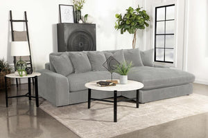  upholstered in a vintage-like wide corduroy performance fabric that offers a soft texture and an elegant fog tone. Each of the two pieces are appointed with