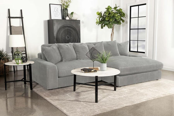  upholstered in a vintage-like wide corduroy performance fabric that offers a soft texture and an elegant fog tone. Each of the two pieces are appointed with