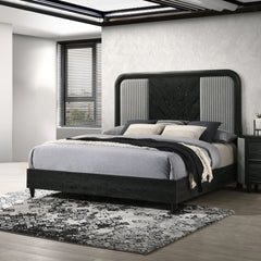The Skyline Bed in Onyx fuses bold design with durability. Built from solid Rubberwood, engineered woods, and Ash Wood veneers, it withstands the test of time while exuding sophistication. The Onyx Black finish with gray glazing highlights the rich wood g