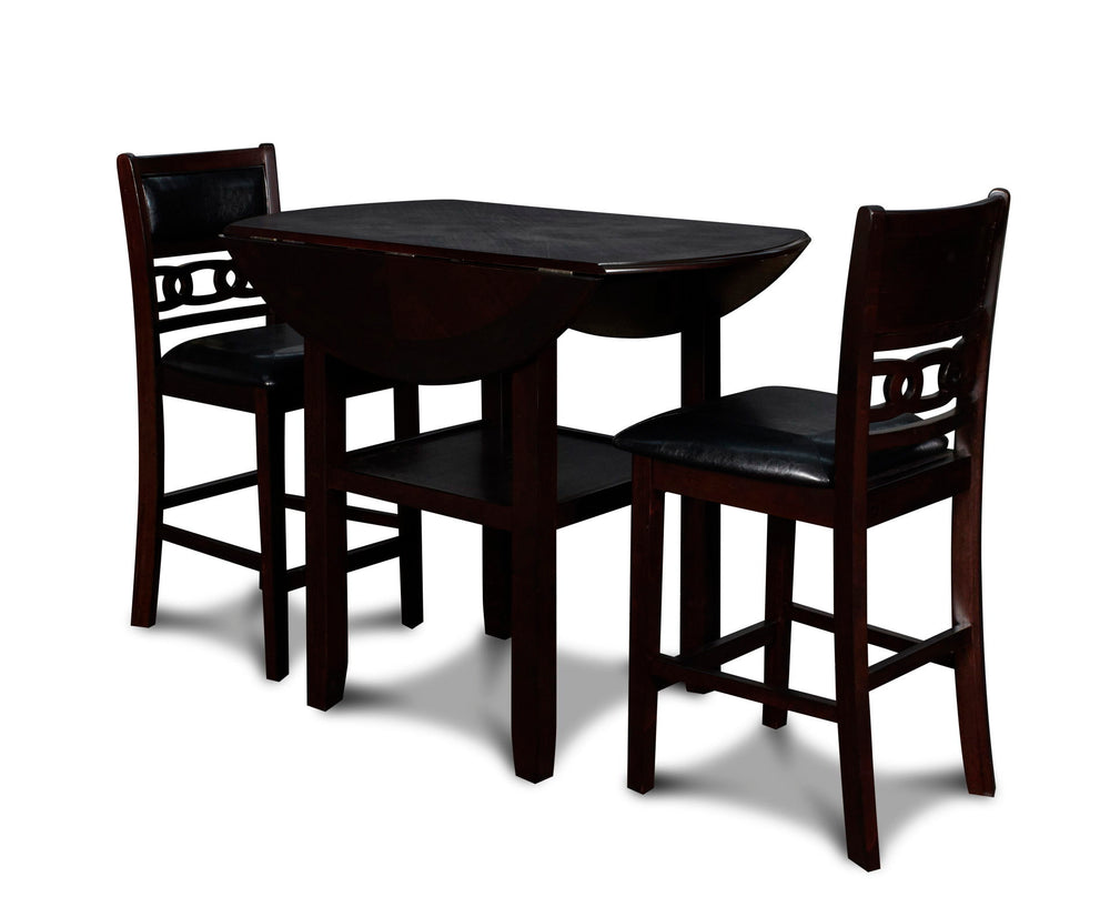 The small space friendly Gia Counter Drop Leaf Table and Chair Set has two 8" drop down leaves that transform this dining table from a 42" round dining set to 24" wide, fitting into compact spaces with ease. The counter table and chair legs are crafted of