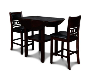 The small space friendly Gia Counter Drop Leaf Table and Chair Set has two 8" drop down leaves that transform this dining table from a 42" round dining set to 24" wide, fitting into compact spaces with ease. The counter table and chair legs are crafted of