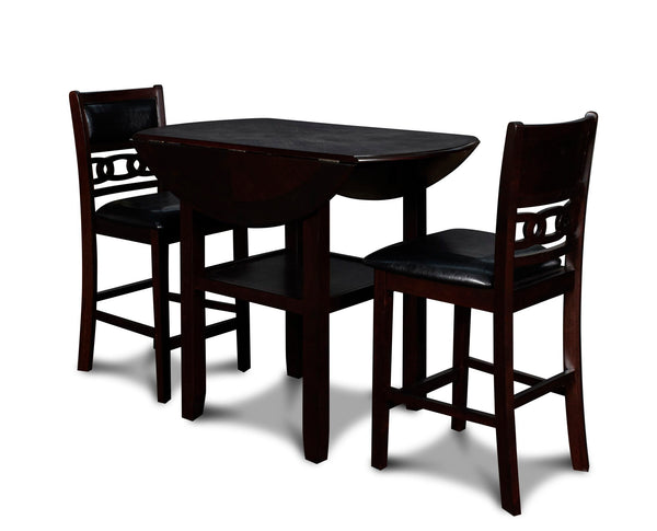 The small space friendly Gia Counter Drop Leaf Table and Chair Set has two 8" drop down leaves that transform this dining table from a 42" round dining set to 24" wide, fitting into compact spaces with ease. The counter table and chair legs are crafted of