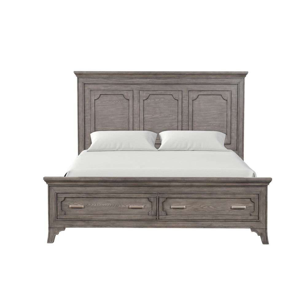 Transform your bedroom into a haven of sophistication with the Lisbon Bed in Gray. Crafted from Acacia solid wood and eco-friendly embossed oak laminate, this bed boasts enduring strength and durability. Its multi-step gray finish enhances the natural bea