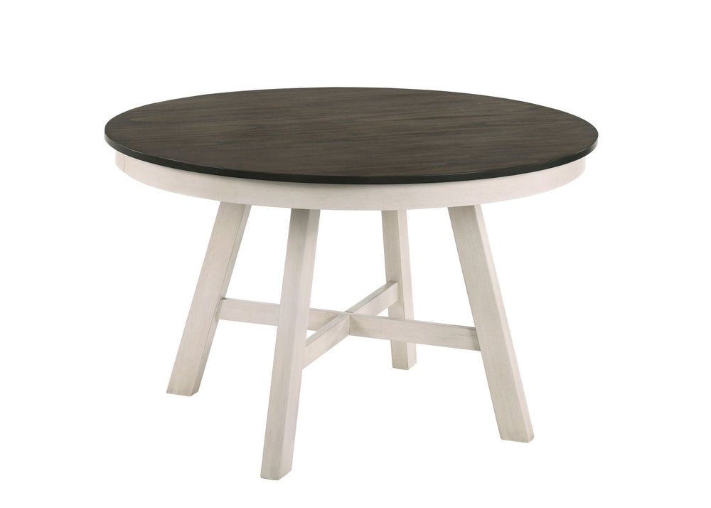 The Maisie Round Wood Two-Tone Dining Table is an ideal blend of quality construction and welcoming rustic charm, perfect for any dining space. This table is crafted from solid rubberwood, manufactured woods, and Mindy wood veneers, ensuring a sturdy and 