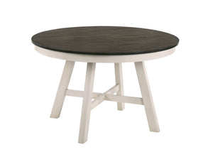 The Maisie Round Wood Two-Tone Dining Table is an ideal blend of quality construction and welcoming rustic charm, perfect for any dining space. This table is crafted from solid rubberwood, manufactured woods, and Mindy wood veneers, ensuring a sturdy and 