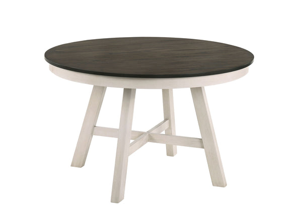 The Maisie Round Wood Two-Tone Dining Table is an ideal blend of quality construction and welcoming rustic charm, perfect for any dining space. This table is crafted from solid rubberwood, manufactured woods, and Mindy wood veneers, ensuring a sturdy and 
