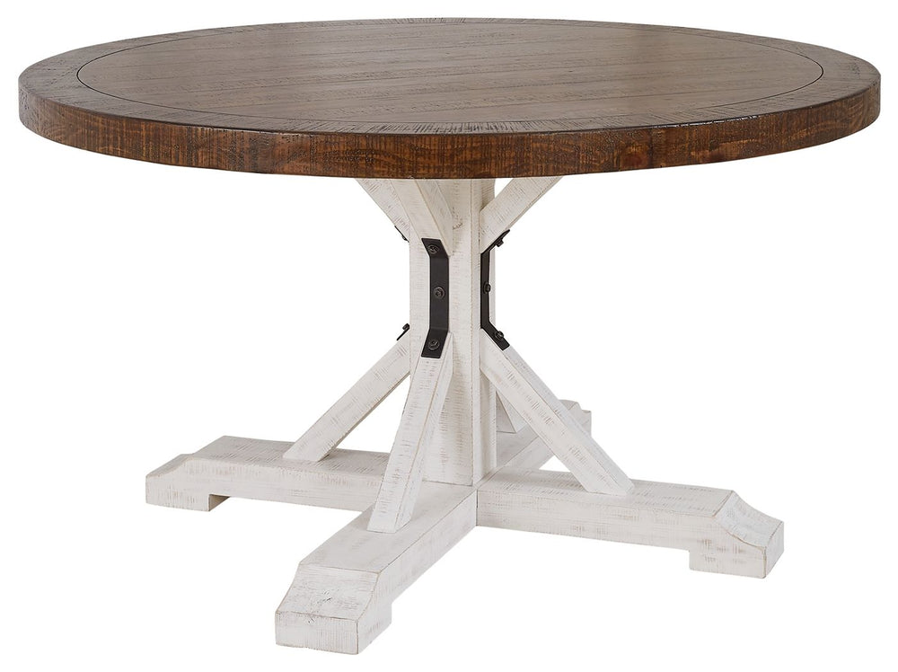 If you love rustic details full of charm and character, this dining room table is made with you in mind. Its two-tone distressed finish pairs a rustic brown tabletop with a vintage white base for fresh farmhouse styling. This round table features a sturdy