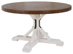  this dining room table is made with you in mind. Its two-tone distressed finish pairs a rustic brown tabletop with a vintage white base for fresh farmhouse styling. This round table features a sturdy