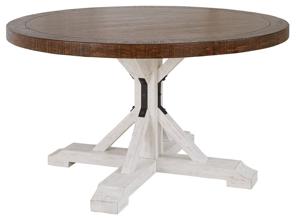  this dining room table is made with you in mind. Its two-tone distressed finish pairs a rustic brown tabletop with a vintage white base for fresh farmhouse styling. This round table features a sturdy