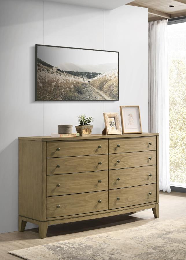 Organize your bedroom with this spacious 8-drawer dresser, offering both beauty and practicality. The dresser showcases a natural pine finish that highlights its solid pine wood tops and drawer fronts, giving it a refined yet cozy feel. Each drawer is equ