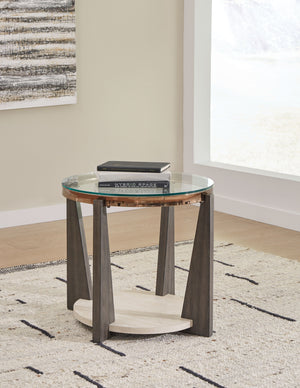  this end table is totally brilliant. Solid wood legs and a faux travertine shelf merge splendidly with the metal frame for a fresh