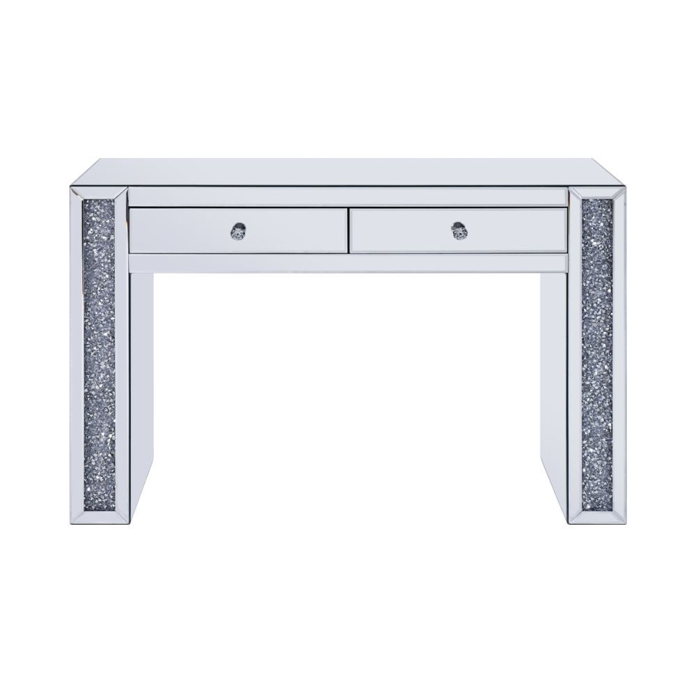 The Noralie Vanity Desk will give any room a touch of glamour. This contemporary desk is fully mirrored with a stunning mirror top and a faux diamond inlay on each leg of its sled base. Use this unique vanity desk for make-up application, jewelry, or as a