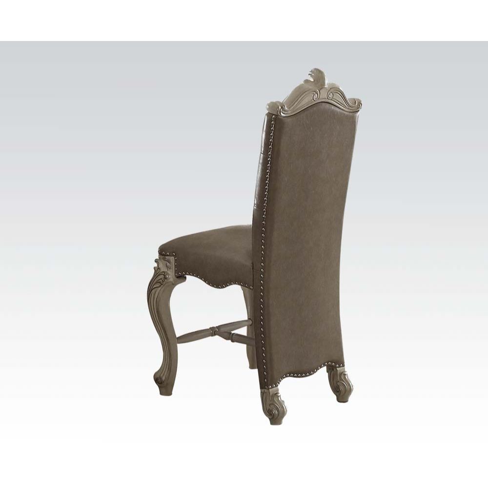 KD, Armless Chair Padded SEAT & BACK Cushion, Nailhead Trim BACKREST (Button Tufted Inside): Scrolled Crown, Fully Vintage Gray PU SEAT: Vintage Gray PU & Scalloped Apron Wooden Cabriole Legs w/Scrolled Motifs (Poly Resin with Antique Contrast Finish)<br/