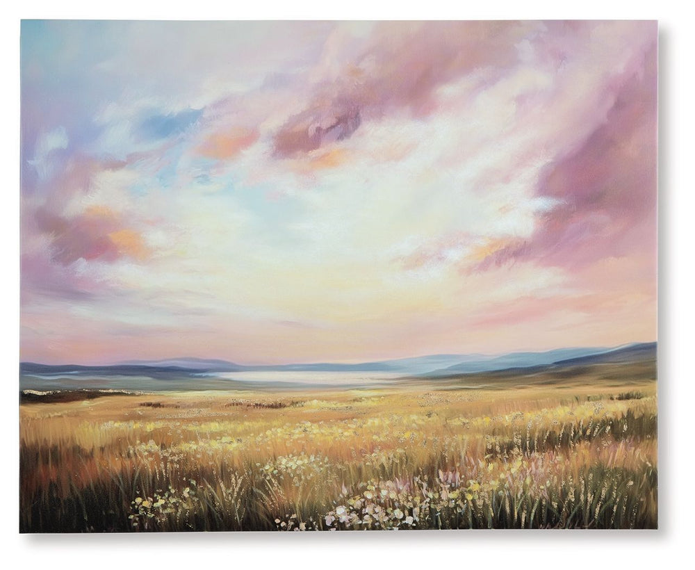 Staggerlingly beautiful. Depicting a luminous landscape, this wall art captures a spectacular sky in soothing shades of pink, blue and yellow as sunlight beams on a field of florals. Hand painted embellishments make the canvas a gorgeous addition to an of