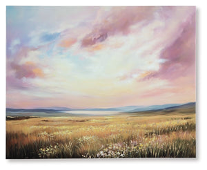 Staggerlingly beautiful. Depicting a luminous landscape, this wall art captures a spectacular sky in soothing shades of pink, blue and yellow as sunlight beams on a field of florals. Hand painted embellishments make the canvas a gorgeous addition to an of