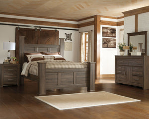 Vintage aged brown rough sawn finish over replicated oak grain. Large scaled rustic bedroom collection features case pilasters and thick poster bed posts. Substantial warm pewter color drawer handles. Poster bed offers optional footboard storage. Side rol