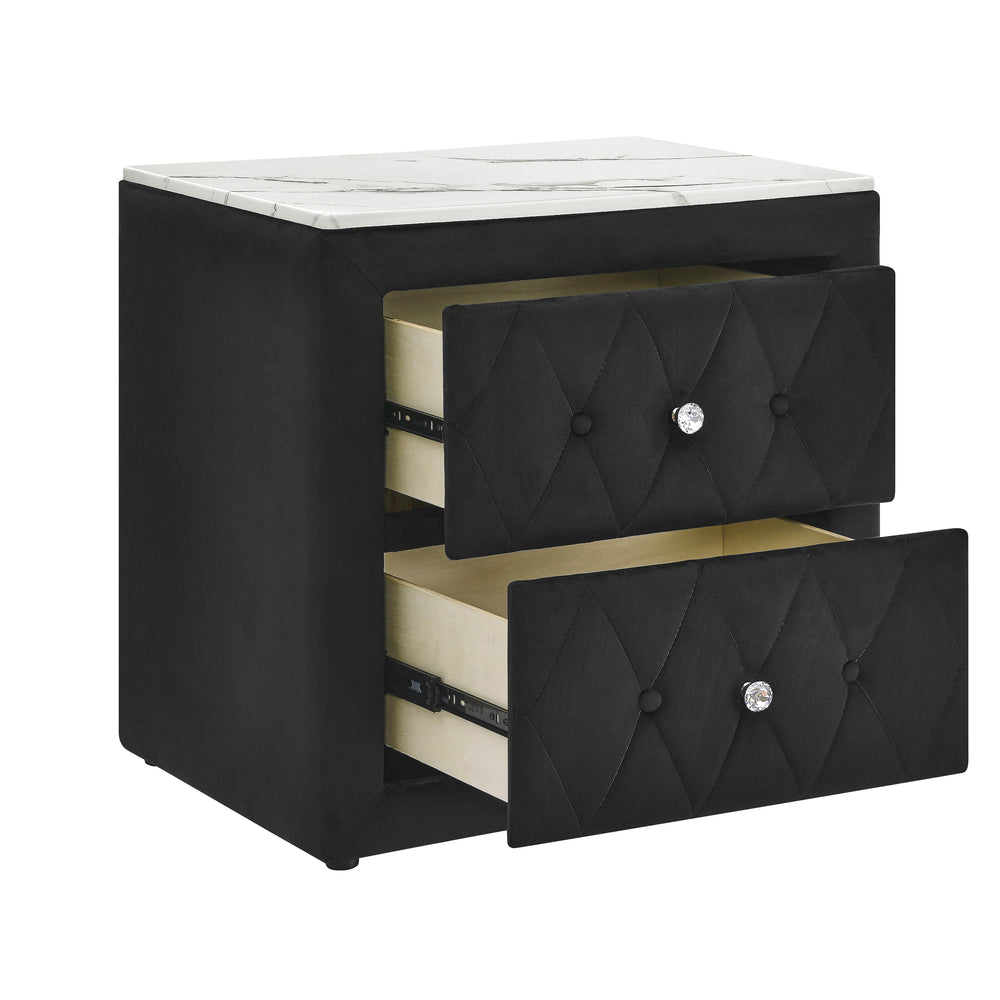 This elegant nightstand brings a touch of luxury to any bedroom with its rich, velvety texture and diamond-patterned tufting. The soft, plush exterior is complemented by gleaming crystal-like drawer knobs, adding a hint of glamour. With two spacious drawe