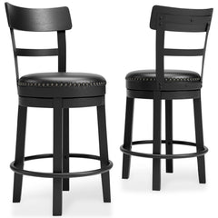 Bring a dash of drama to a kitchen island, table or counter with this upholstered swivel bar stool. The sturdy wood frame with contoured backrest is beautified with an antiqued black finish thatâ€™s a welcome change from the everyday ordinary. For your co
