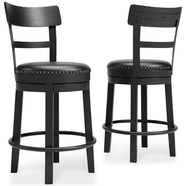 Bring a dash of drama to a kitchen island, table or counter with this upholstered swivel bar stool. The sturdy wood frame with contoured backrest is beautified with an antiqued black finish thatâ€™s a welcome change from the everyday ordinary. For your co