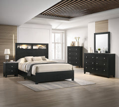 This elegant bedroom collection exudes sophistication with its sleek, dark finish and modern design. The sturdy construction of each piece showcases a rich, textured wood grain, offering both durability and style. The bed, the centerpiece, features a bold