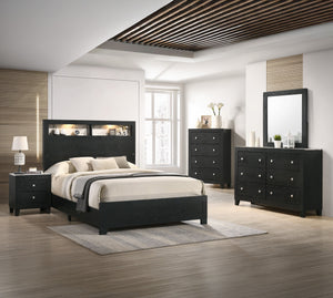 This elegant bedroom collection exudes sophistication with its sleek, dark finish and modern design. The sturdy construction of each piece showcases a rich, textured wood grain, offering both durability and style. The bed, the centerpiece, features a bold