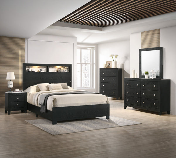 This elegant bedroom collection exudes sophistication with its sleek, dark finish and modern design. The sturdy construction of each piece showcases a rich, textured wood grain, offering both durability and style. The bed, the centerpiece, features a bold