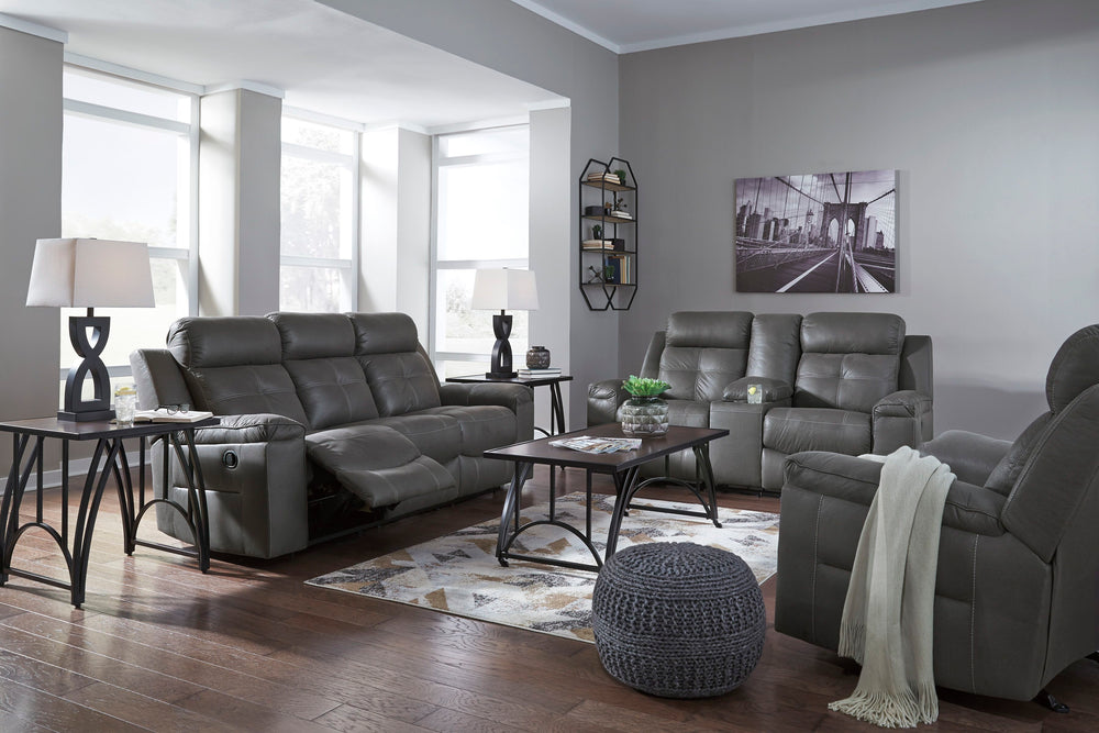 Rustic character comes forth in this dark gray reclining set. Designer stitching adds a fashion-forward touch to the soft cushions. Faux suede fabric speaks to your knack for superior-quality materials. High back provides ample support as you get off your