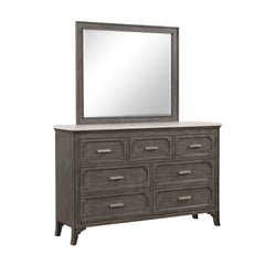 Enhance the allure of your living space with the Lisbon Mirror in Gray. Crafted from Acacia solid wood and eco-friendly embossed oak laminate, this mirror ensures enduring strength and durability. Its multi-step gray finish accentuates the innate beauty o