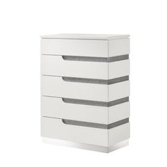 The Paradox Five Drawer Chest in White combines modern elegance with practical functionality. The gleaming white gloss laminate finish offers a sleek, contemporary look while providing scratch and water resistance. Constructed from a combination of solid 
