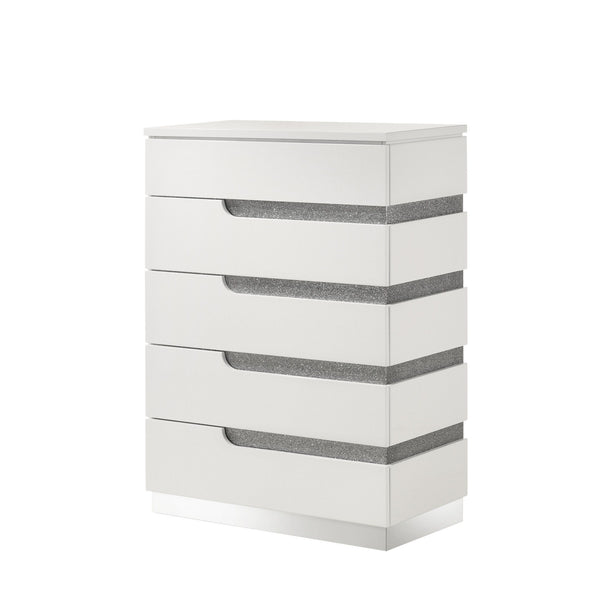 The Paradox Five Drawer Chest in White combines modern elegance with practical functionality. The gleaming white gloss laminate finish offers a sleek, contemporary look while providing scratch and water resistance. Constructed from a combination of solid 