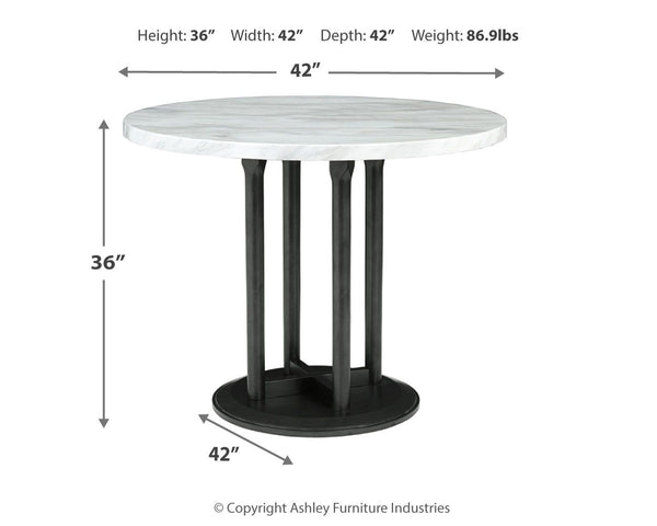  this modern version of the classic pedestal table features the look of authentic Carrara ma