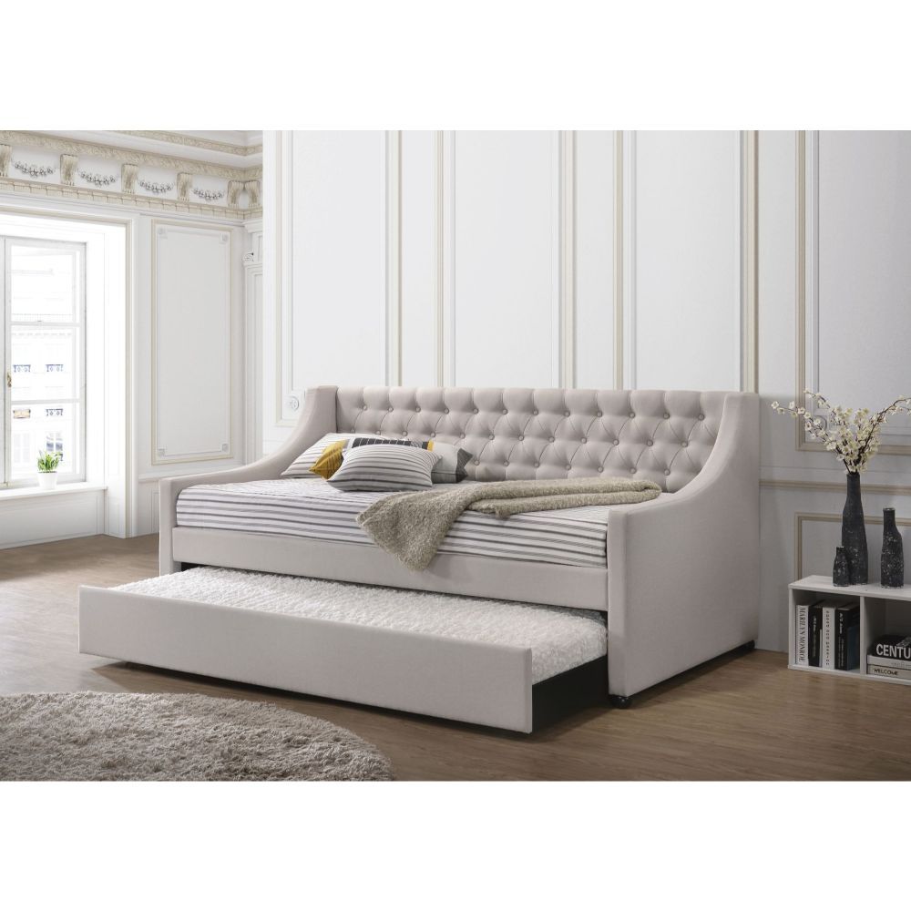 Give your guestroom, living room, or den a convenient and stylish update with the Lianna daybed. This bed-'s unique fog fabric has antique-inspired details like button tuft upholstery, and sloped armrest to create a charming and timeless look. A twin-size