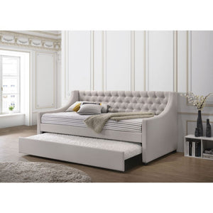 Give your guestroom, living room, or den a convenient and stylish update with the Lianna daybed. This bed-'s unique fog fabric has antique-inspired details like button tuft upholstery, and sloped armrest to create a charming and timeless look. A twin-size