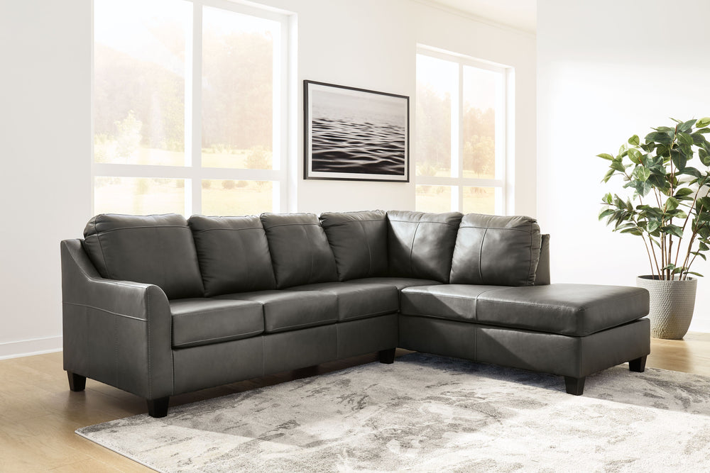 Luxurious lounging, everyday affordability. This sectional prioritizes comfort that suits your modern lifestyle. Its combination of leather and faux leather upholstery indulges you in soft seating, with subtle dimension added by natural pebble detailing. 