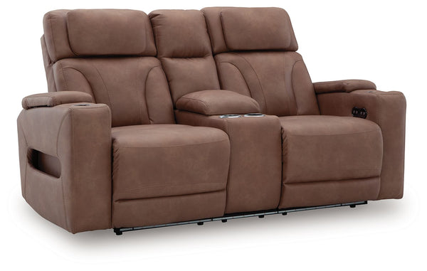 Ready to relax in style? Our luxurious power reclining loveseat doesn-'t just look fantasticâ€”it also delivers creature comforts and fabulous functionality. Adjustable headrests ensure a perfect TV view no matter how far back you recline. Faux leather up