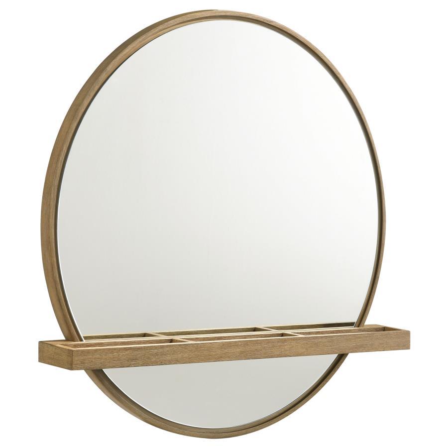 Add a chic vanity mirror over a vanity desk or your dresser to create the ideal place to get ready for the day. The mirror features a round profile with a wooden frame and straight, horizontal shelf. Its sand finish is perfect to complement the wood grain