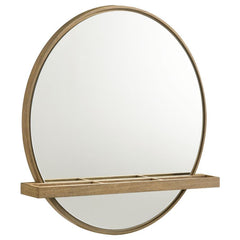 Add a chic vanity mirror over a vanity desk or your dresser to create the ideal place to get ready for the day. The mirror features a round profile with a wooden frame and straight, horizontal shelf. Its sand finish is perfect to complement the wood grain