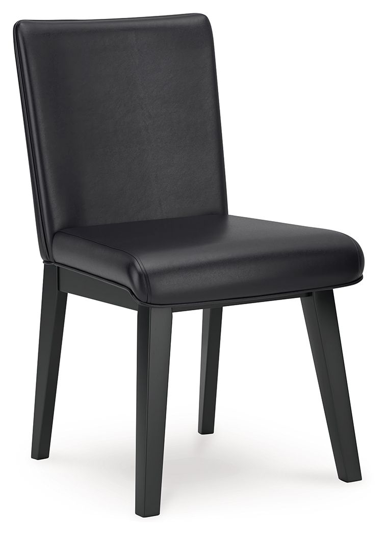 This dining chair exudes modern sophistication. Finished in a sleek black wood-tone with black faux leather upholstery for added comfort and style, it brings a beautifully balanced look to the table. A simply striking feast for the eyesâ€”now your only wo