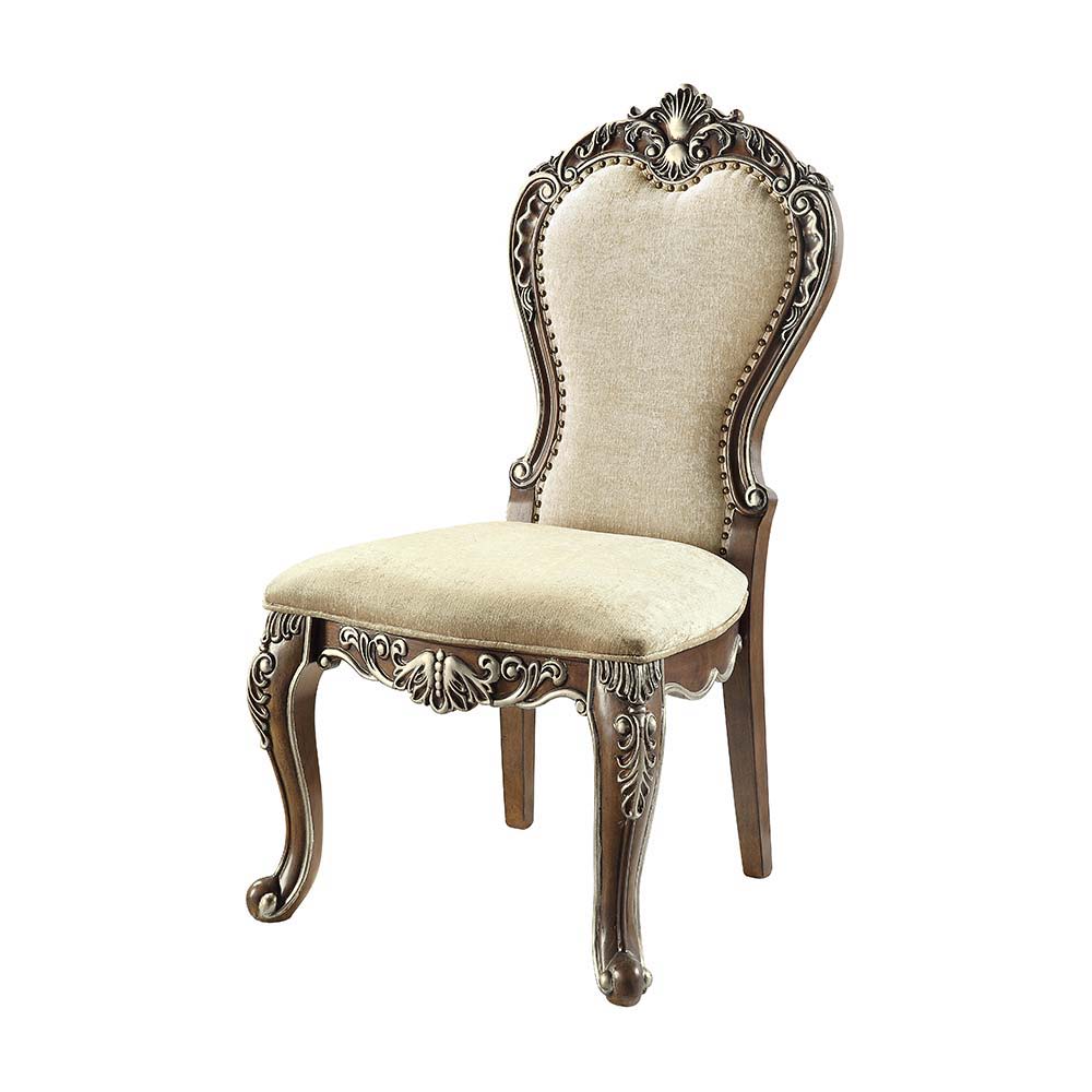 The Latisha side chairs bring comfort and elegant traditional style into your dining room. With plush seat cushions and padded backrests, dinner parties will surely last for hours. Against the antique oak, the floral moldings are highlighted with silver h