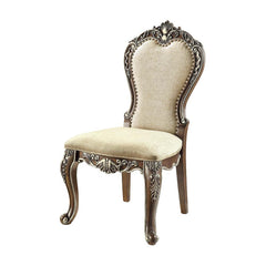 The Latisha side chairs bring comfort and elegant traditional style into your dining room. With plush seat cushions and padded backrests, dinner parties will surely last for hours. Against the antique oak, the floral moldings are highlighted with silver h