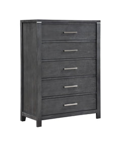 The Odessa Bedroom Collection embodies modern sophistication and luxurious comfort. Crafted with high-quality pine solids and Mindy Veneers, this collection showcases the perfect blend of durability and beauty. The charcoal gray finish with white hangup a