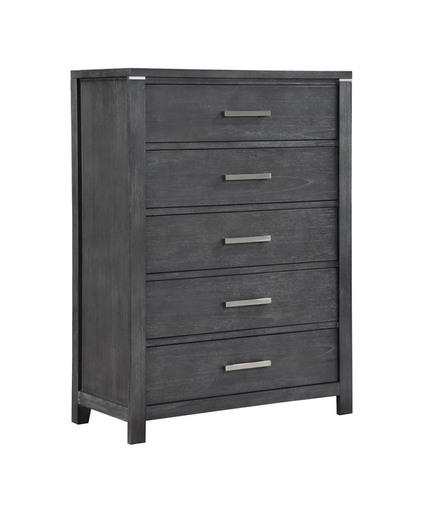 The Odessa Bedroom Collection embodies modern sophistication and luxurious comfort. Crafted with high-quality pine solids and Mindy Veneers, this collection showcases the perfect blend of durability and beauty. The charcoal gray finish with white hangup a
